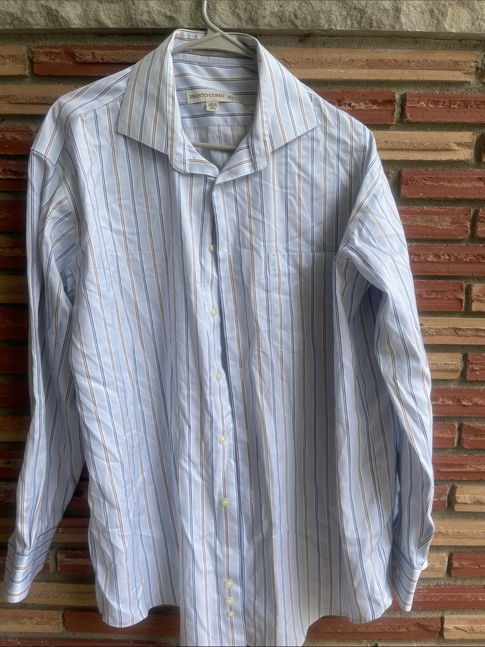 Pronto Uomo Blue and Brown Striped Men's Dress Shirt